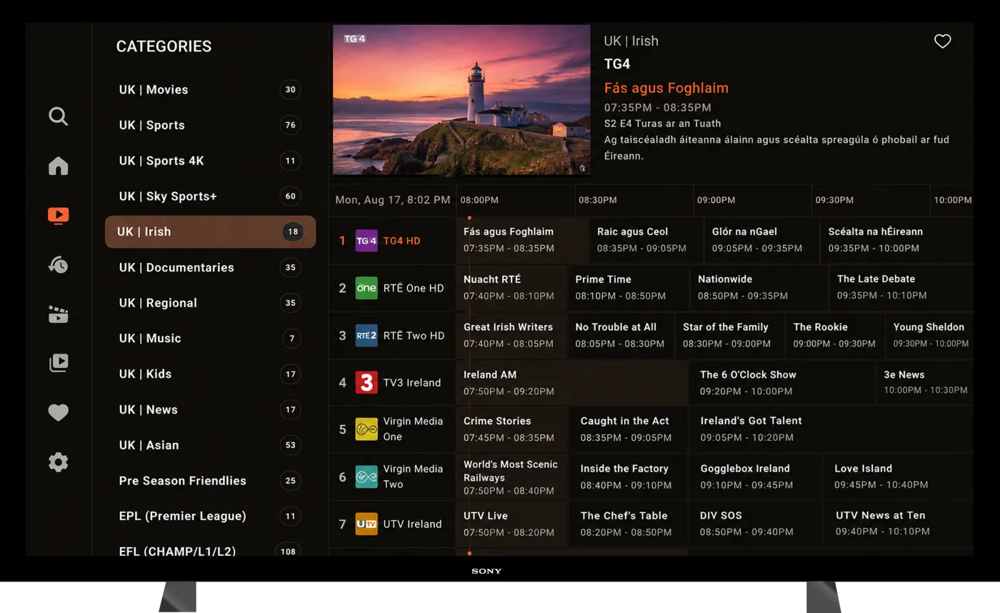 TV — Live TV with the category list and a seven-day EPG grid
